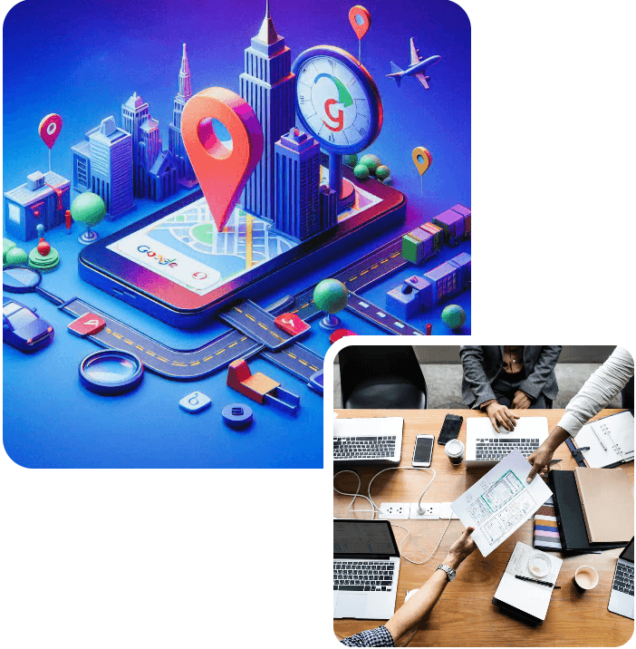 Foto da imagem do Google Maps e sala de reunião